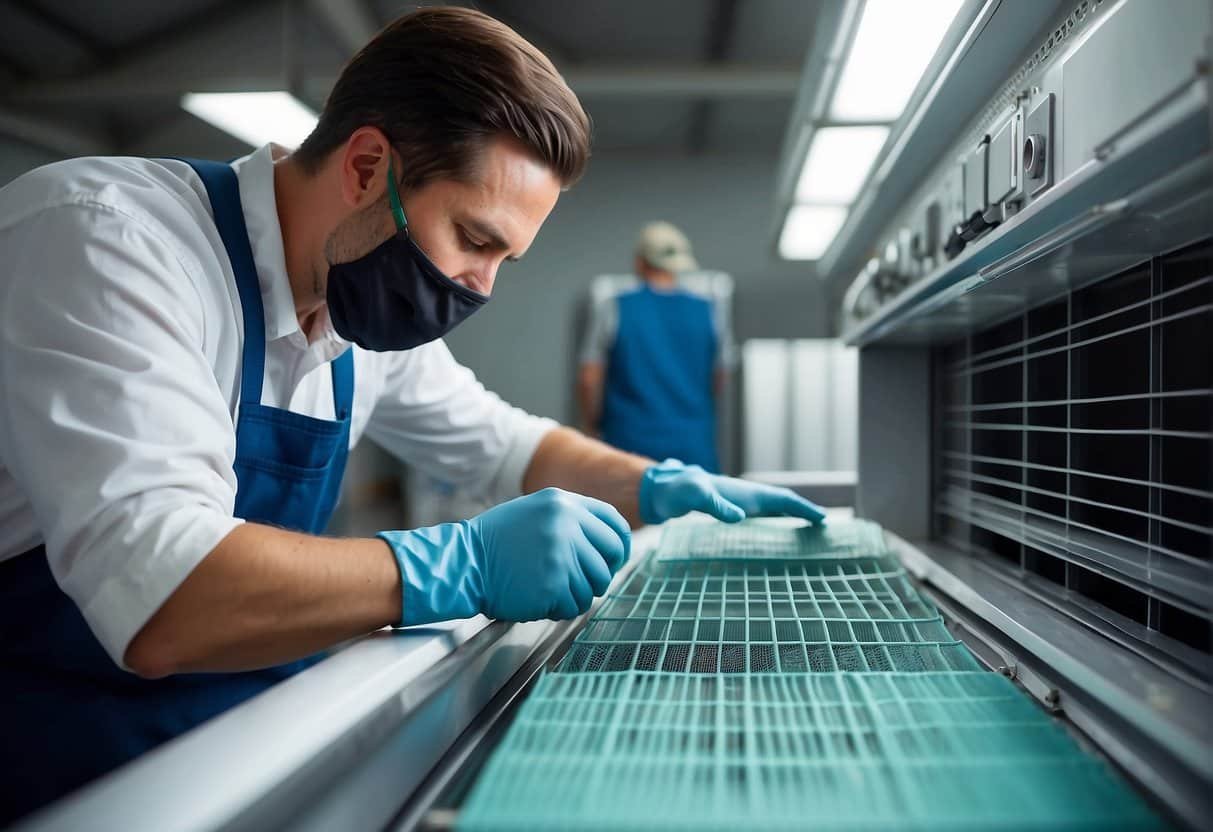 HEPA filter being carefully cleaned and inspected for damage and wear, with a technician replacing any worn components