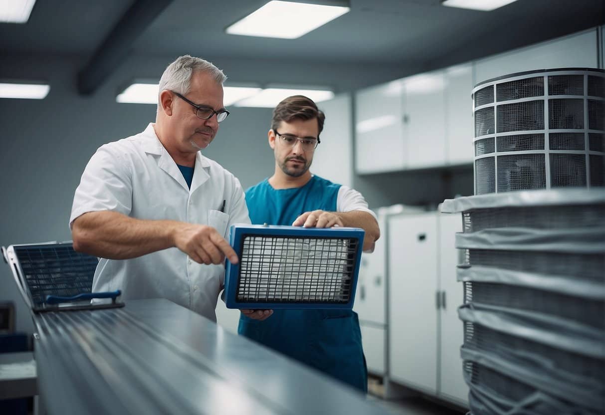 HEPA filters being inspected and cleaned by a technician in a well-ventilated maintenance room