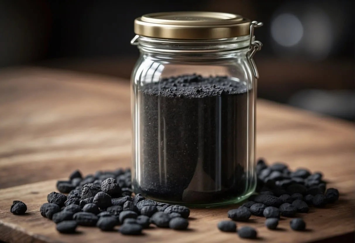 A clear glass jar filled with activated charcoal absorbs odours from the air. A stinky scent is shown being drawn into the charcoal, leaving the air fresh and clean