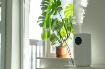 Modern humidifier at home, moistens dry air surrounded by indoor plant. Apartment with moisturizer.