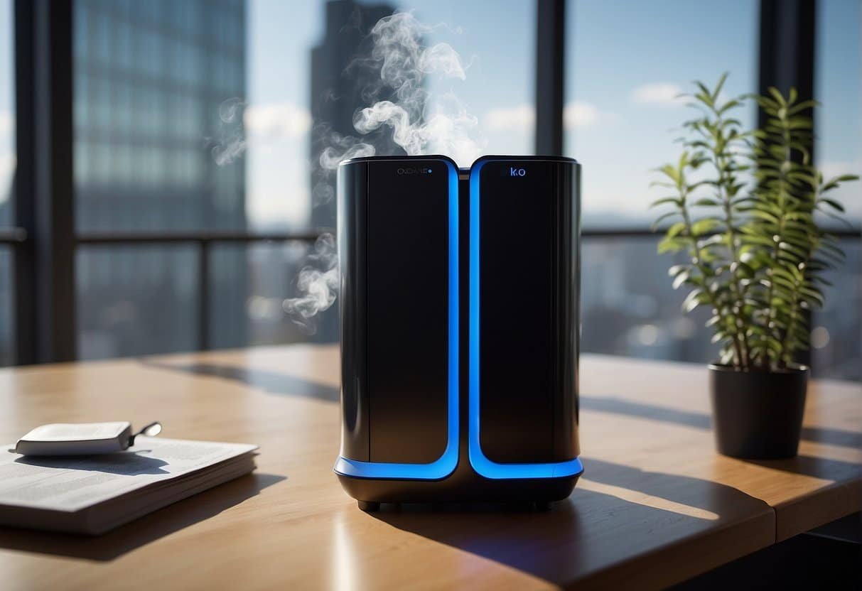 Ozone air purifier in action: Illustrate ozone molecules breaking down pollutants in the air, showing its effectiveness in purifying the environment