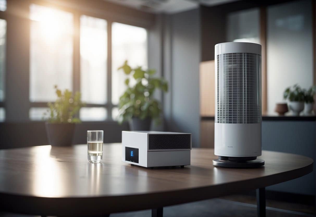 A room with an ozone air purifier in action, showing the device drawing in air and releasing ozone molecules to purify the atmosphere