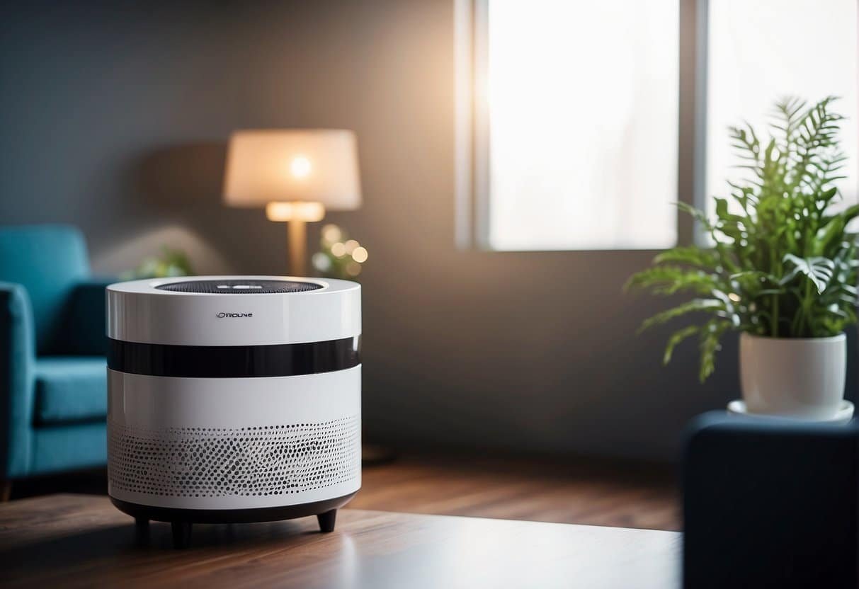 A room with an ozone air purifier in action, releasing ozone molecules to neutralize odors and kill bacteria, creating a clean and fresh atmosphere