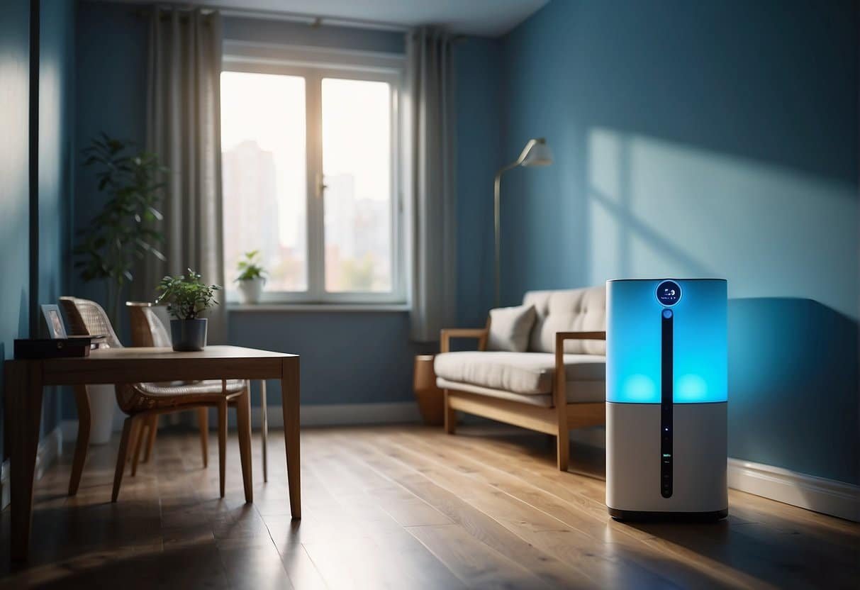 A room with an ozone air purifier in the corner, emitting a soft blue light as it quietly cleans the air