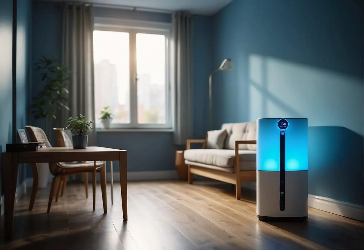 A room with an ozone air purifier in the corner, emitting a soft blue light as it quietly cleans the air