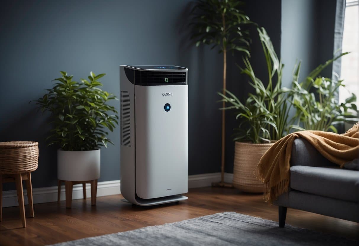A room with an ozone air purifier in operation, showing clean air flowing in and pollutants being neutralized