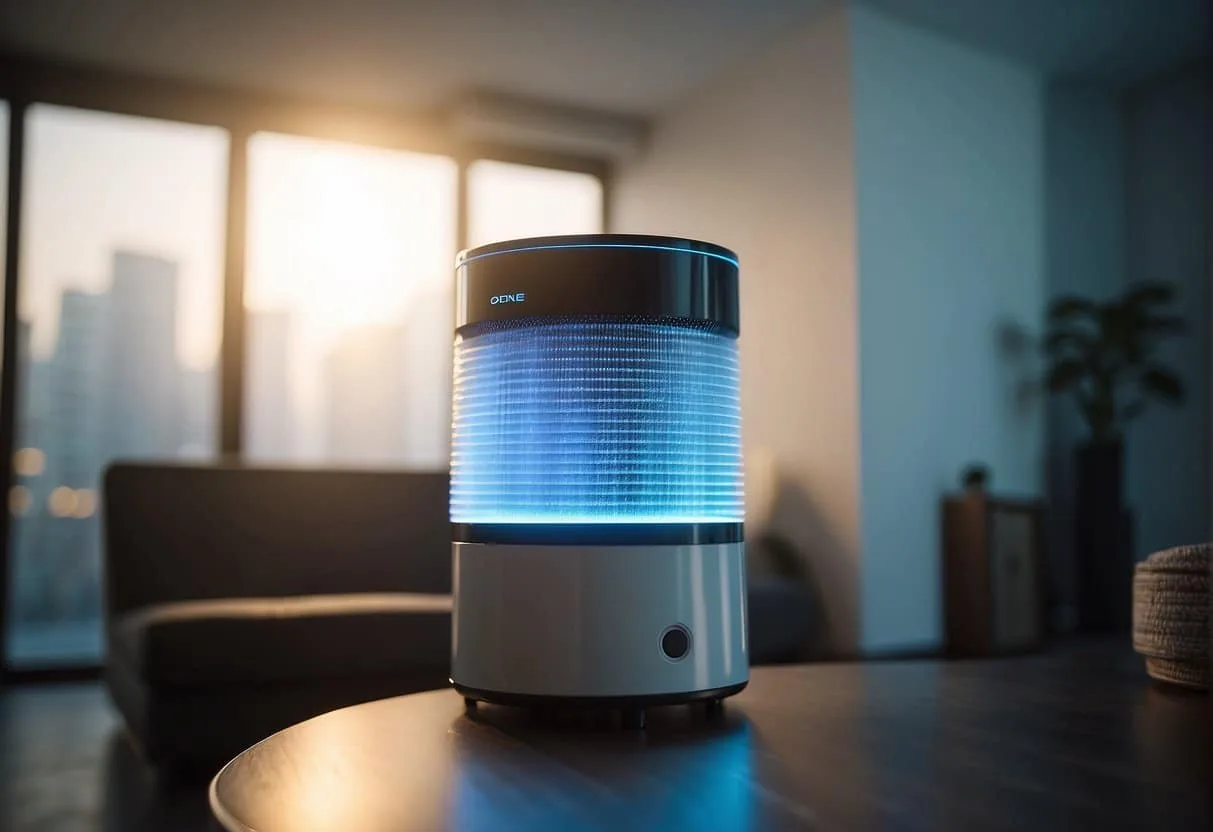 A futuristic ozone air purifier releasing ozone into a room, with particles being neutralized and the air becoming cleaner and fresher