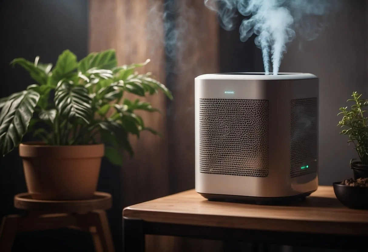 An air purifier hums as it filters smoke particles, while a hand adjusts the settings