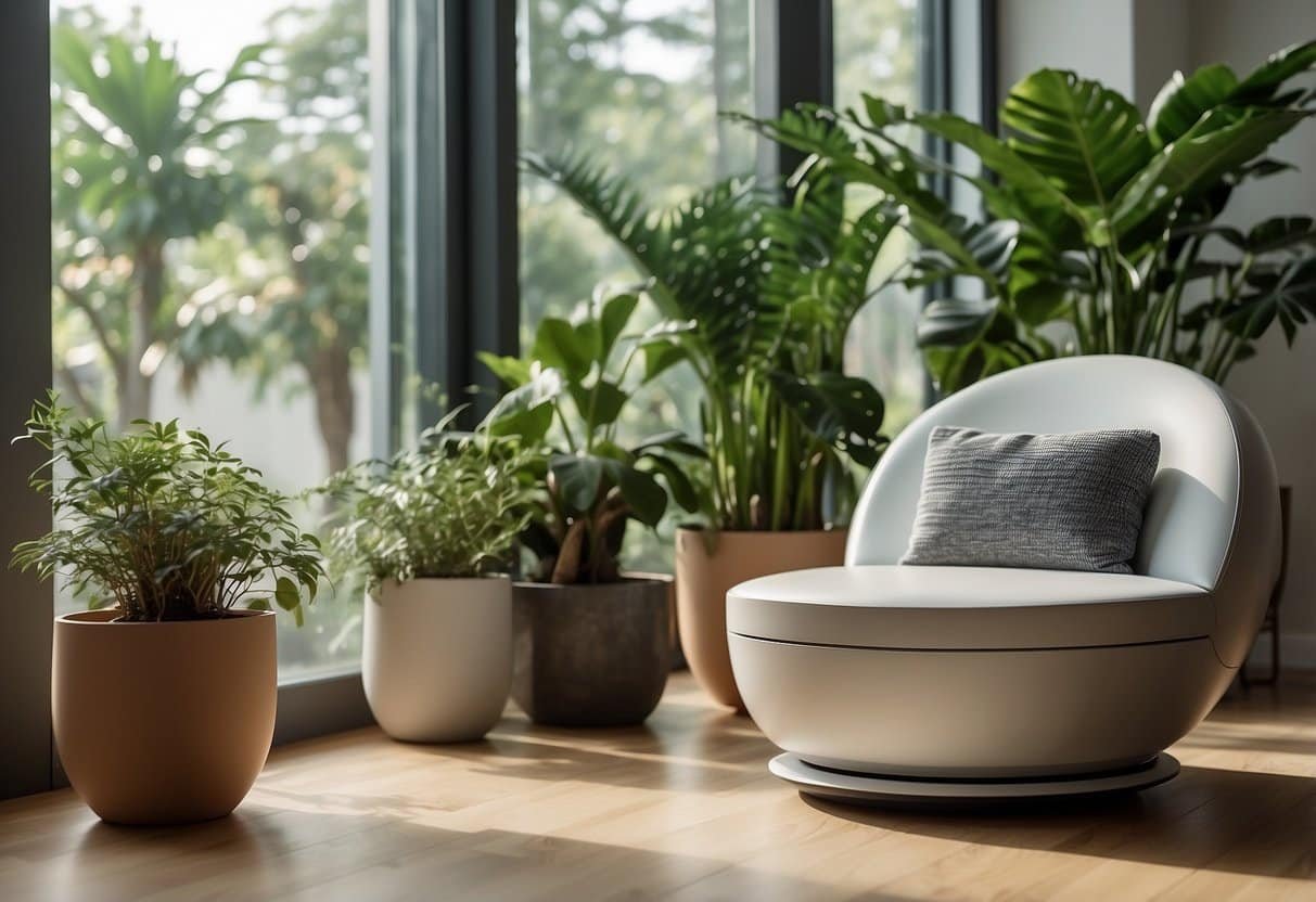A modern living room with an IQAir Atem Air Purifier placed on a sleek side table, surrounded by plants and natural light streaming in through the window