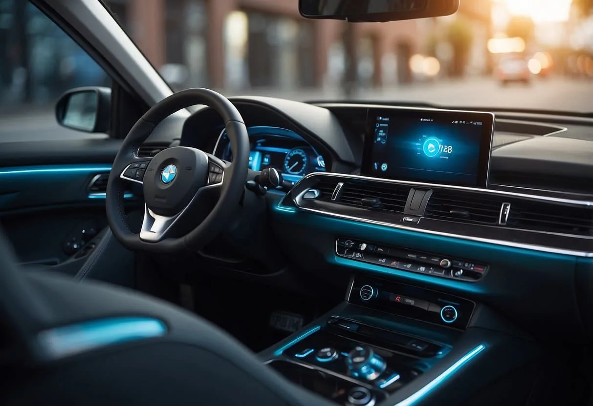 A car interior with a Philips GoPure GP5212 air purifier mounted on the dashboard, emitting a soft blue light and purifying the air