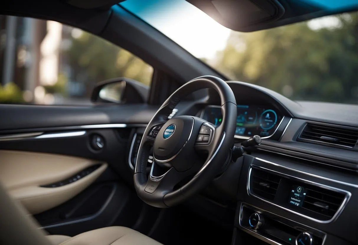 The Philips GoPure GP5212 is shown attached to a car's interior, with its sleek design and easy-to-use features highlighted. The air purifier is depicted in a clean and modern setting, showcasing its effectiveness and convenience