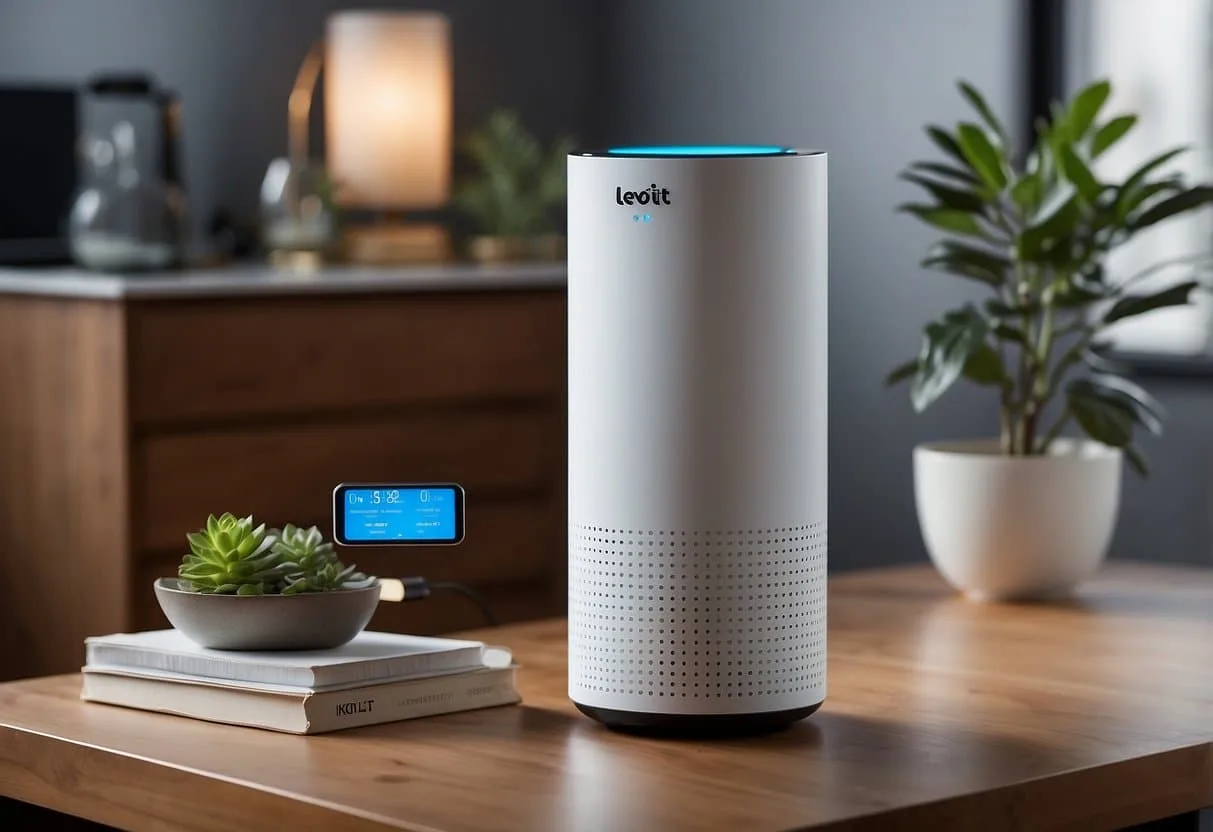 The Levoit Core 600S Air Purifier sits on a clean, modern table. Soft, ambient lighting highlights its sleek design and touch-sensitive controls