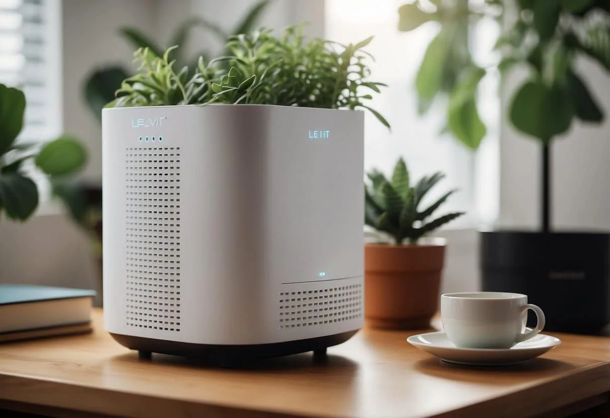The Levoit Core 600S Air Purifier sits on a clean, modern desk with a sleek design. It is surrounded by plants, a book, and a cup of tea, creating a cozy and healthy atmosphere